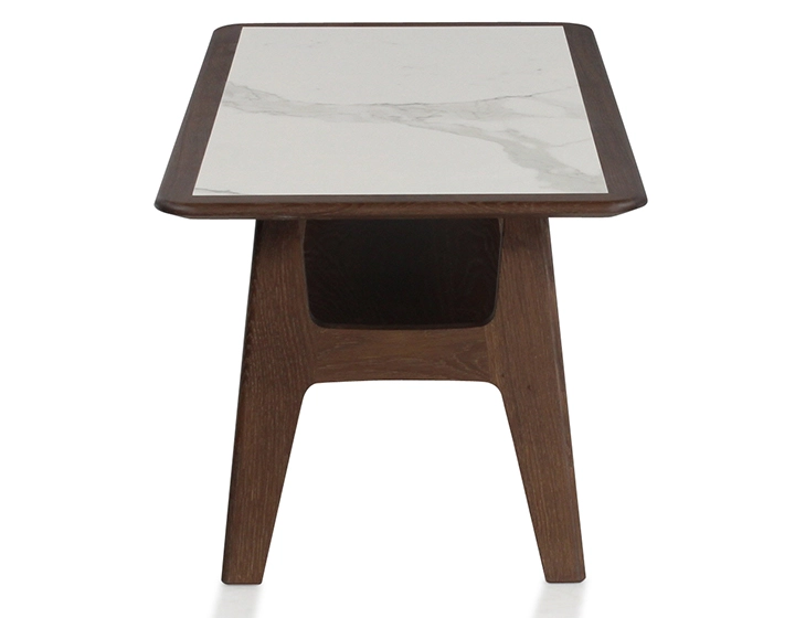 Rectangular coffee table in oak and ceramic with dark brown stained wood white marble effect ceramic top 100x50 cm