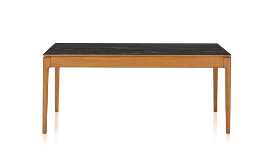 Table salle à manger 6 personnes en chêne et céramique avec bois teinte merisier et plateau céramique effet marbre noir 140x90 cm