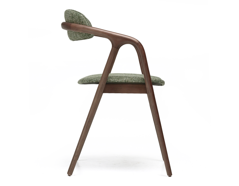 Chaise scandinave bois teinte marron foncé assise tissu chiné vert