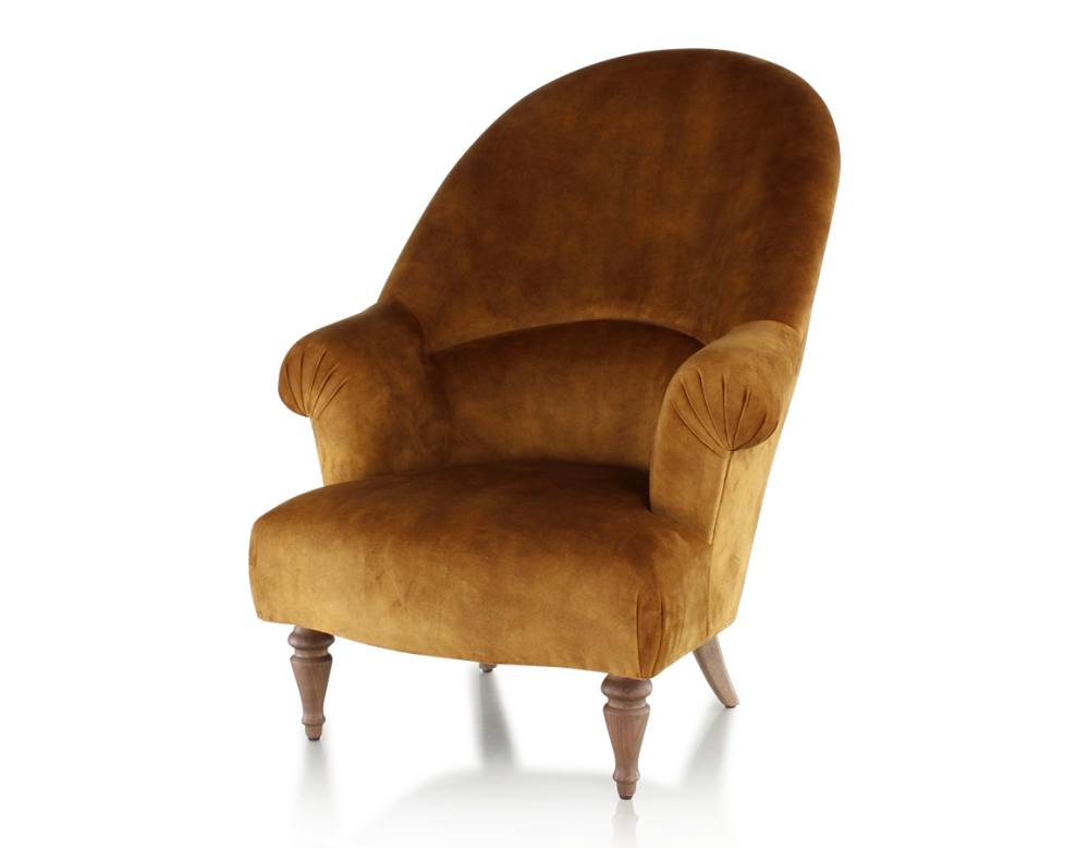 Toad armchair with armrests walnut-stained wooden legs and high-backed bronze velvet fabric