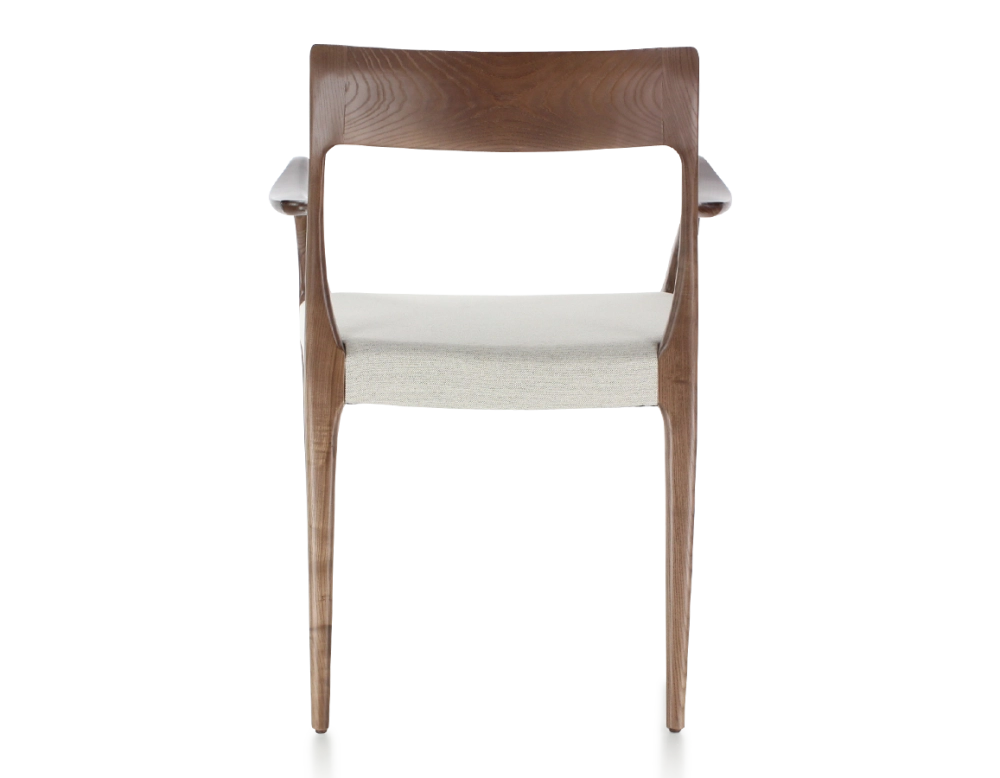Scandinavian armchair with armrests wood stained dark brown seat natural beige fabric