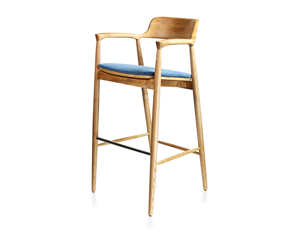 Tabouret de bar h80 cm bois teinte naturelle assise tissu bleu jean