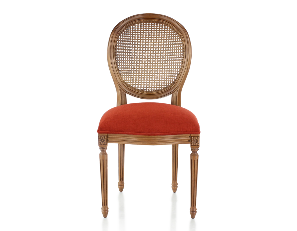 Chaise ancienne style Louis XVI bois teinte ancienne dossier canné assise tissu orange brulé