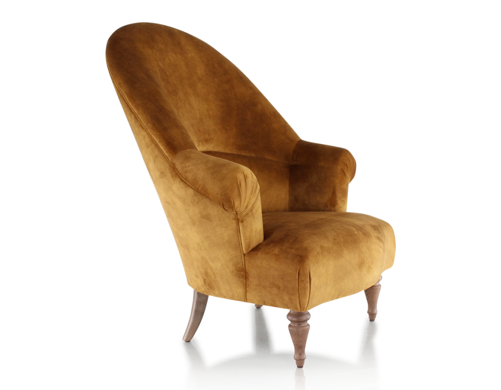 Toad armchair with armrests walnut-stained wooden legs and high-backed bronze velvet fabric