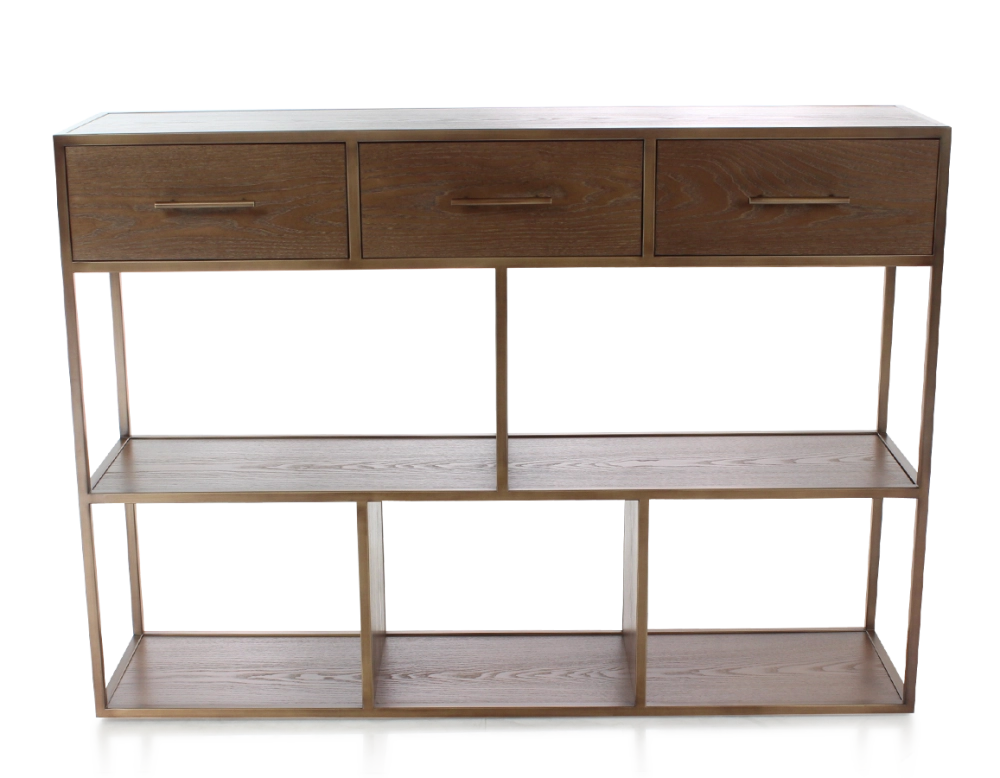 Console design frêne teinte marron foncé et métal patine laiton