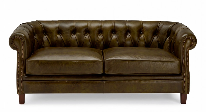 Canapé Chesterfield cuir 2 places vert olive accoudoirs cloutés