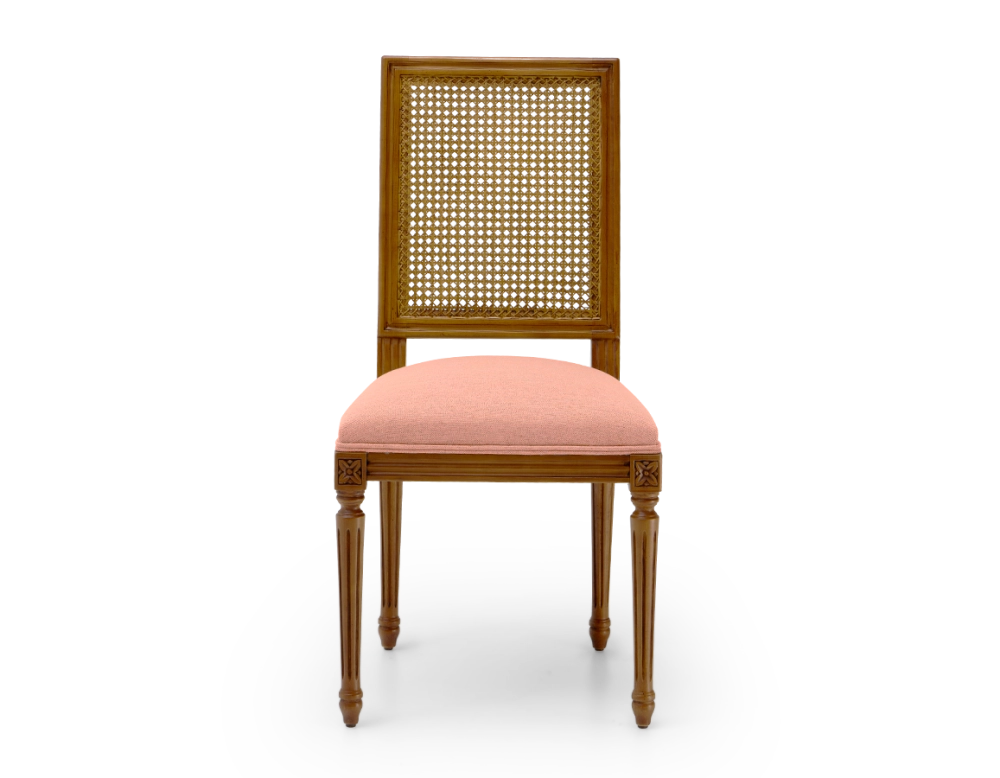 Louis XVI style antique chair cane back chair with coral pink fabric seat