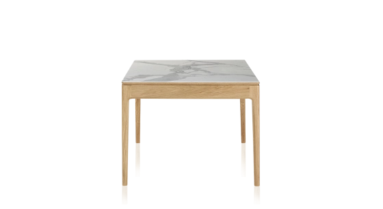 Oak and ceramic dining table for 6 people with natural stained wood and white marble effect ceramic top 160x100 cm