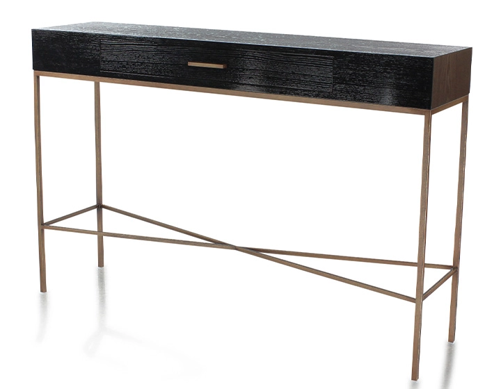 Console design frêne laqué noir et métal patine laiton 100 cm