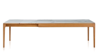 Table extensible en chêne et céramique 6 à 10 personnes allonges céramique avec bois teinte merisier et plateau et allonges céramique effet marbre blanc 140x90 cm
