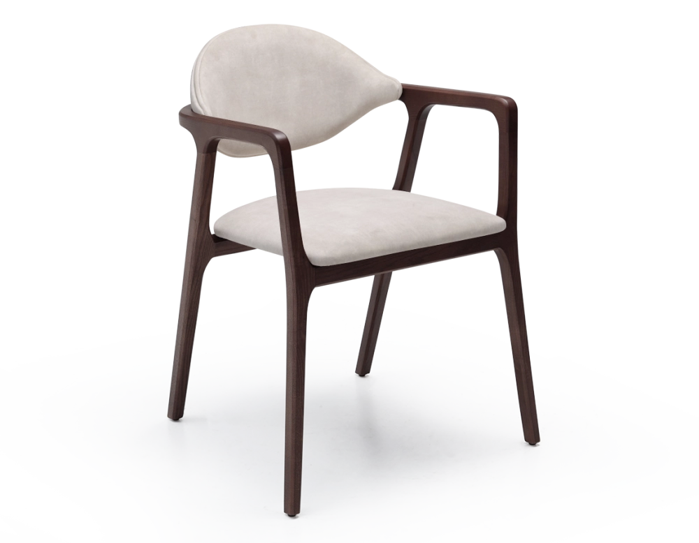 Chaise design avec accoudoirs bois teinte marron foncé et tissu velours sable