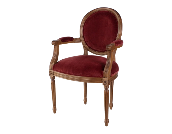 Fauteuil ancien style Louis XVI bois teinte ancienne et tissu bordeaux