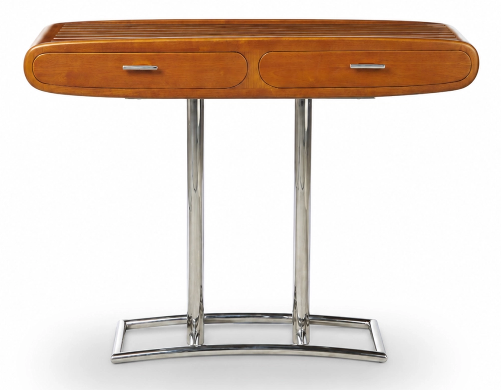 Console art déco double tiroirs métal et bois teinte merisier