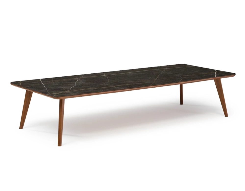 F7 rectangular coffee table in walnut and ceramic Natural stained wood and black marble effect ceramic M2 140x80x30 cm
