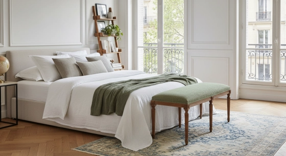 Banquette ancienne style Louis XVI bois teinte ancienne et tissu chiné vert