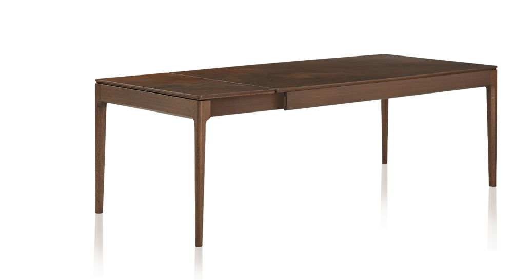 Table extensible 8 à 12 personnes en chêne et céramique allonges céramique avec bois teinte marron foncé et plateau et allonges céramique brun oxydé 210x100 cm