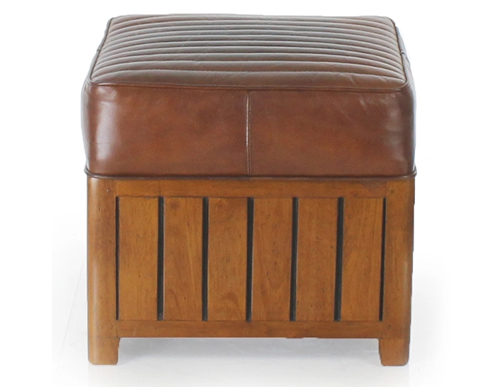 Pouf carré bois et cuir marron vintage