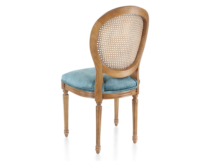 Chaise ancienne style Louis XVI bois teinte ancienne dossier canné assise tissu velours bleu pétrole