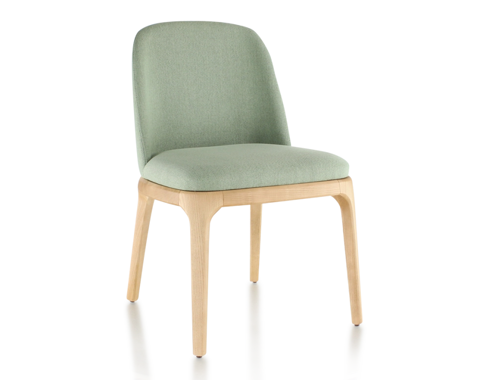 Chaise design bois teinte naturelle et tissu vert sauge