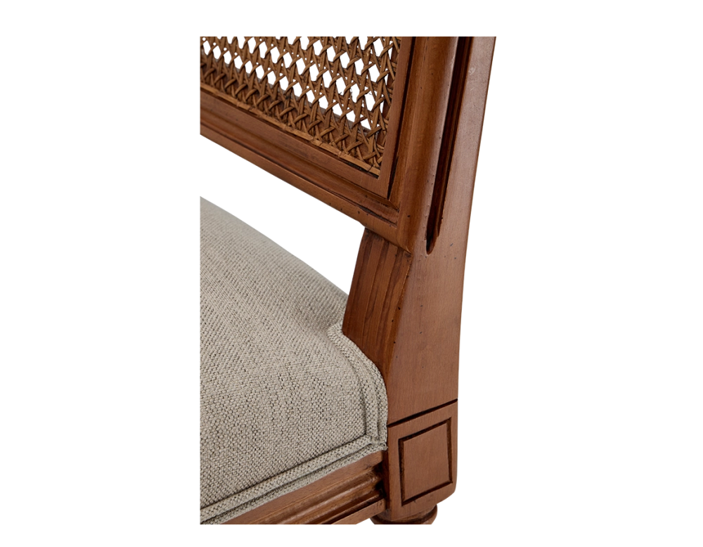 Louis XVI style antique chair cane back chair with natural beige fabric seat