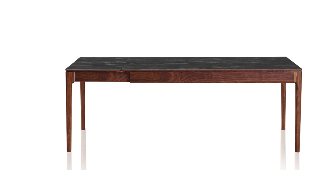 Table extensible en noyer et céramique 6 à 10 personnes allonges céramique avec bois teinte naturelle et plateau et allonges céramique effet marbre noir 140x90 cm
