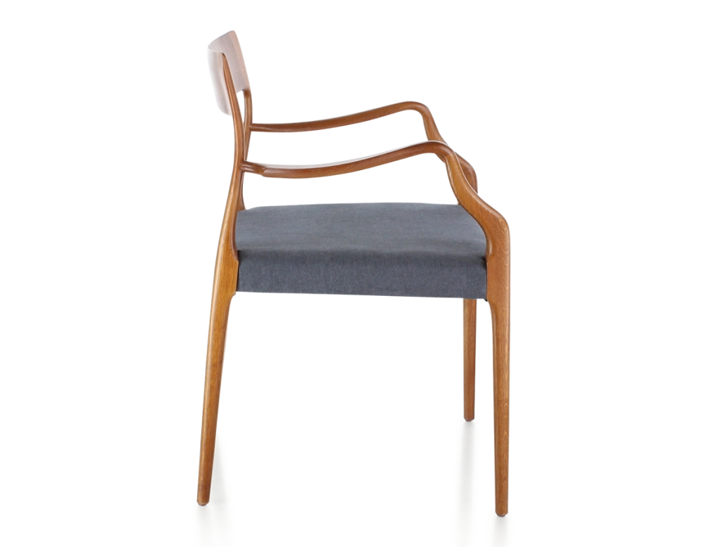 Scandinavian armchair with armrests cherry-stained wood, grey fabric seat