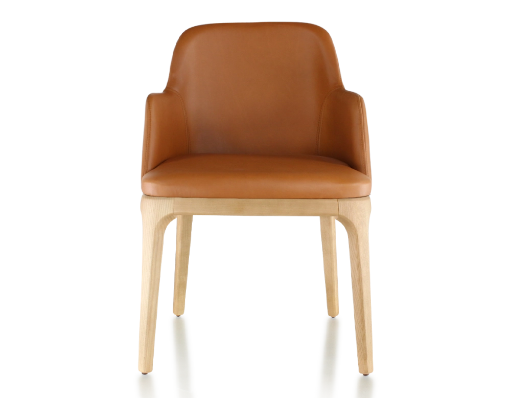 Designer chair with armrests natural stained wood and caramel leather