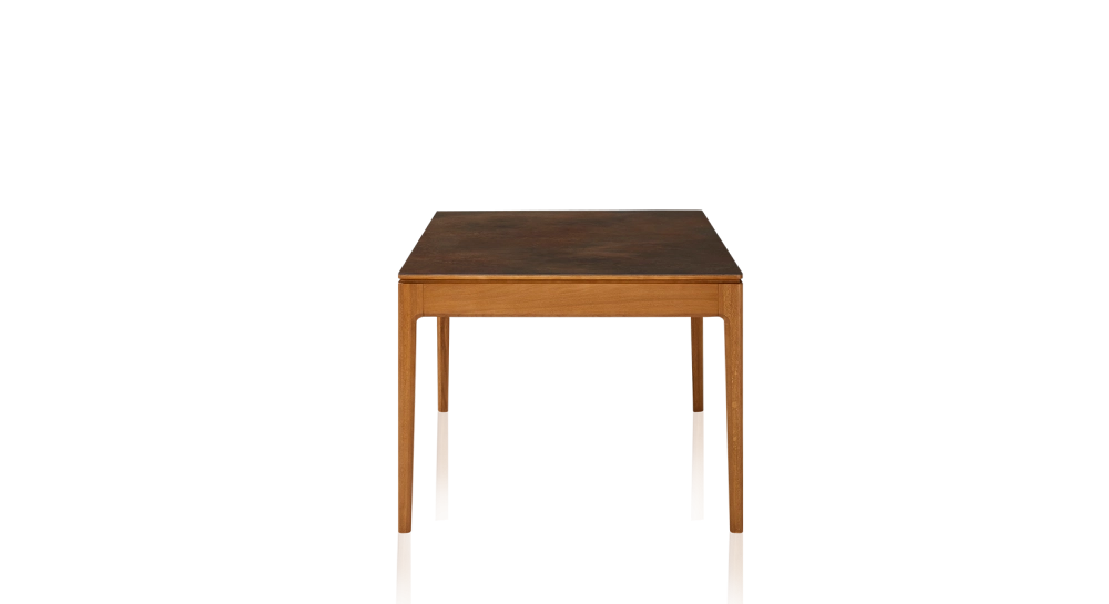 Table extensible 8 à 12 personnes en chêne et céramique allonges céramique avec bois teinte merisier et plateau et allonges céramique brun oxydé 180x100 cm