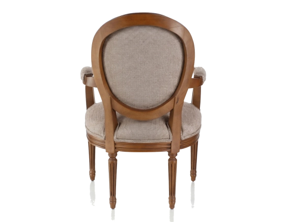 Fauteuil ancien style Louis XVI bois teinte ancienne et tissu chiné beige, gris et orange