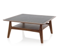 Table basse carré en noyer et céramique bois teinte naturelle plateau céramique effet ardoise 100x100 cm