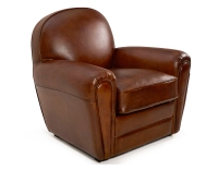 Fauteuil club cuir marron vintage accoudoirs passepoil