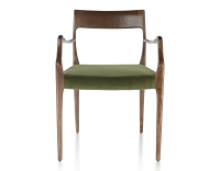 Chaise scandinave avec accoudoirs bois teinte marron foncé assise tissu vert olive
