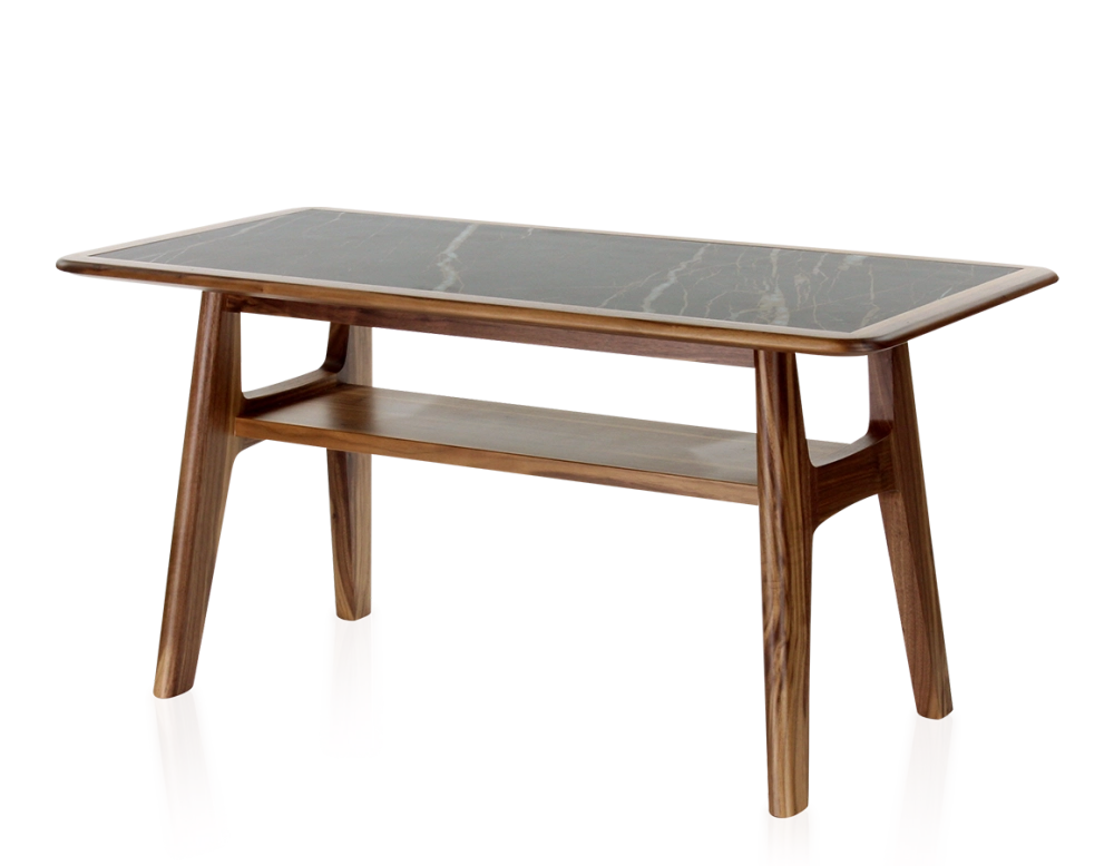 Table basse rectangulaire en noyer et céramique bois teinte naturelle plateau céramique effet marbre noir 100x50 cm