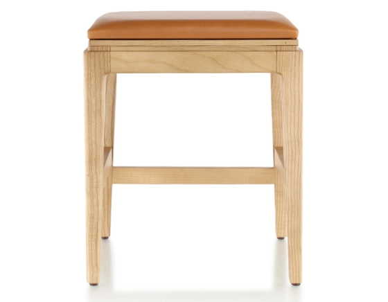 Tabouret design H45 cm bois teinte naturelle assise cuir caramel