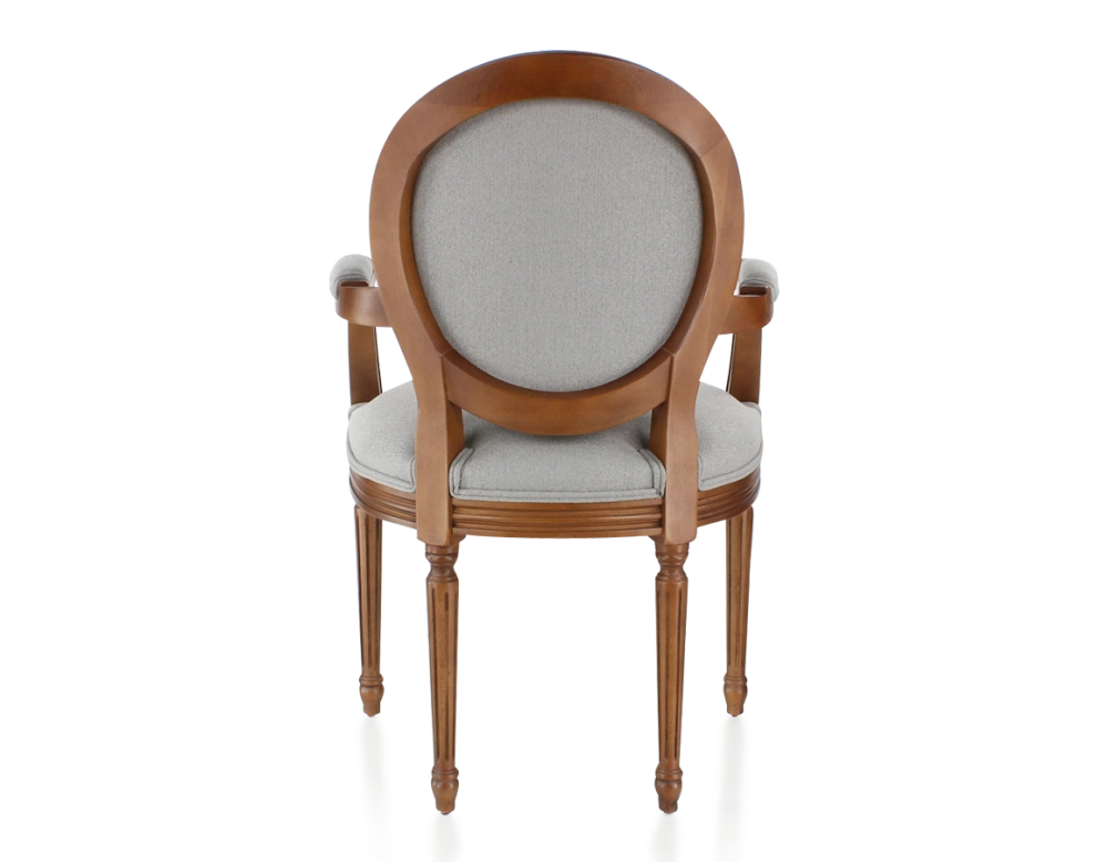Antique Louis XVI style armchair with armrests wood stained in an antique style and light grey fabric