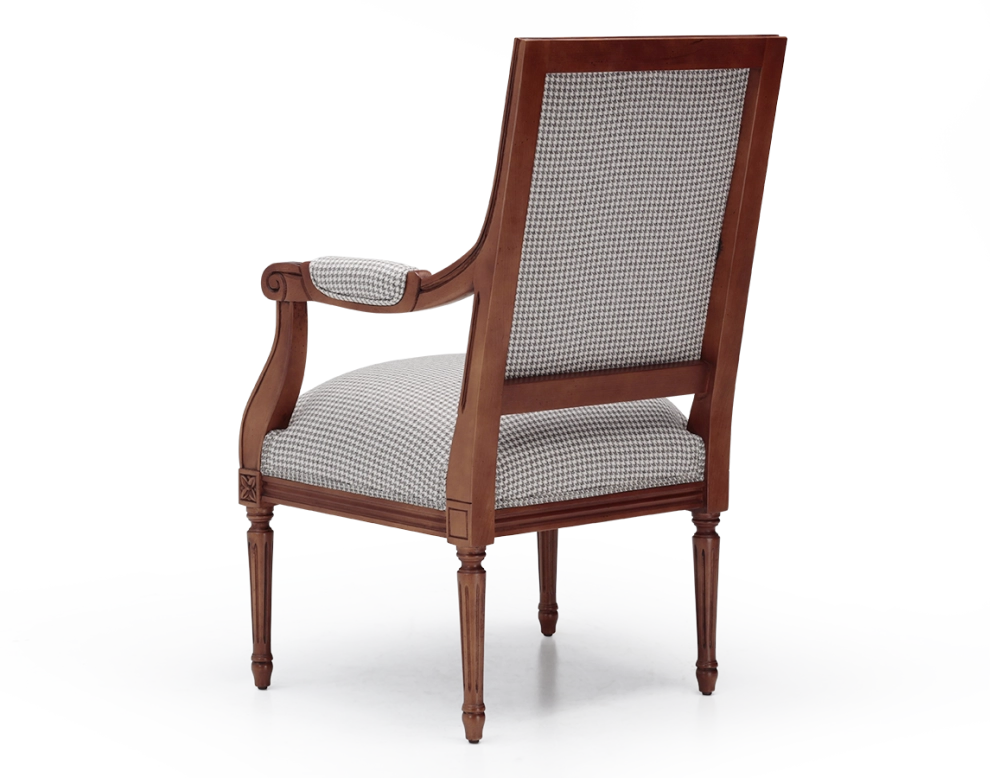 Fauteuil ancien style Louis XVI bois teinte ancienne et tissu pied de poule blanc et taupe