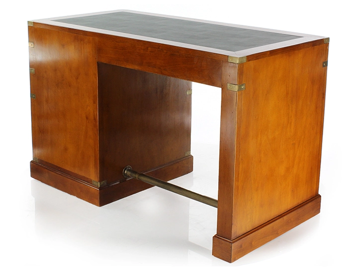 Bureau marine 5 tiroirs bois teinte merisier et cuir vert