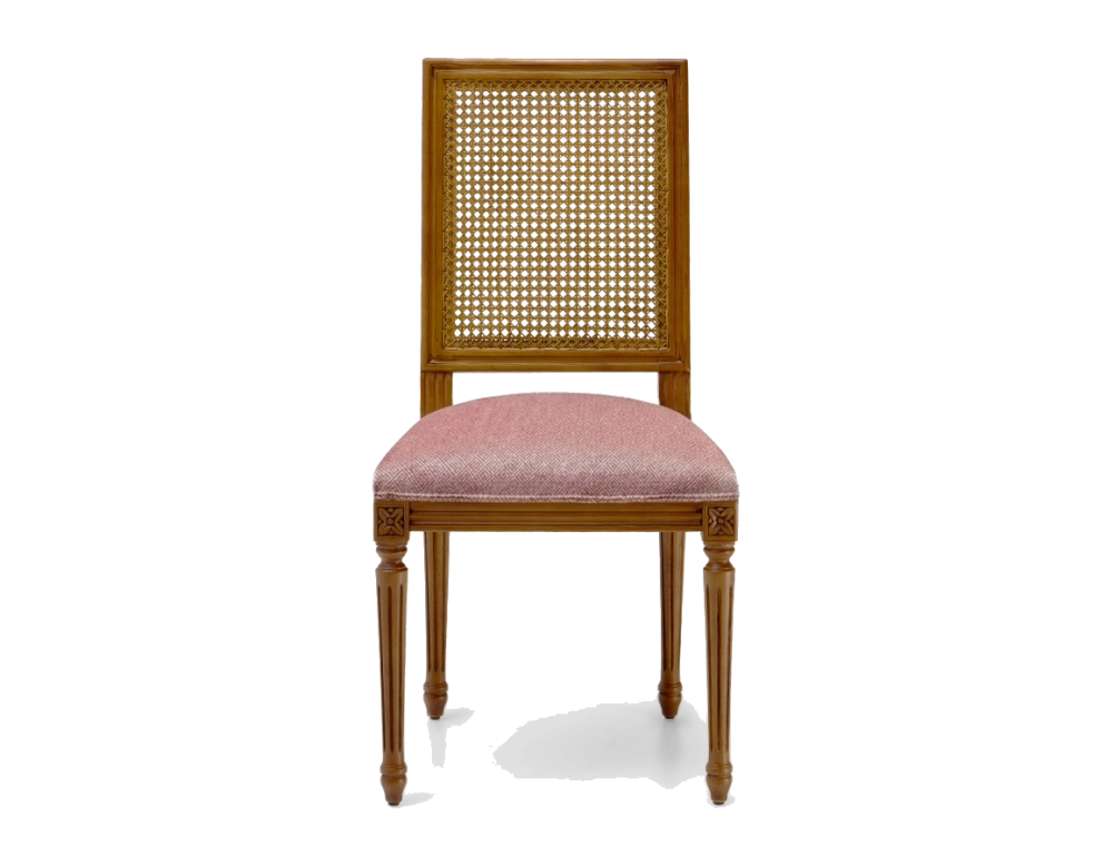 Silla antigua estilo Luis XVI respaldo de rejilla asiento de tela