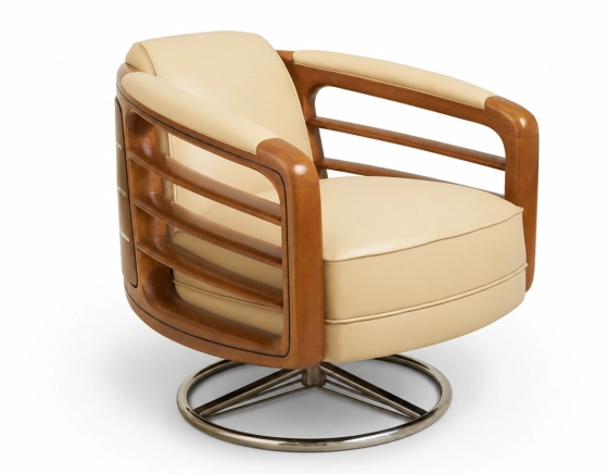 Fauteuil club pivotant bois et cuir beige