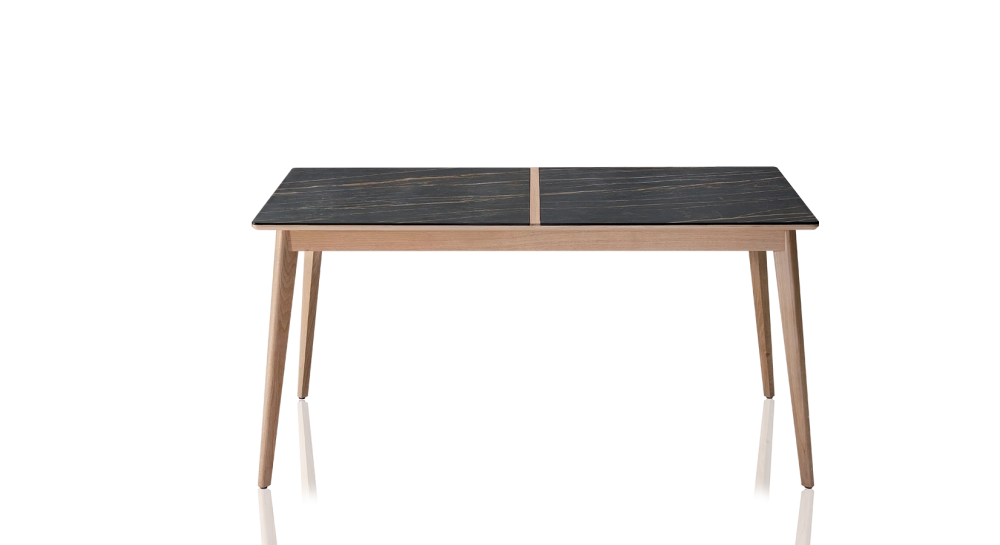 Extendable table for 8 to 14 people in oak and ceramic with wooden extensions with natural stained wood and black marble effect ceramic top 210x100 cm