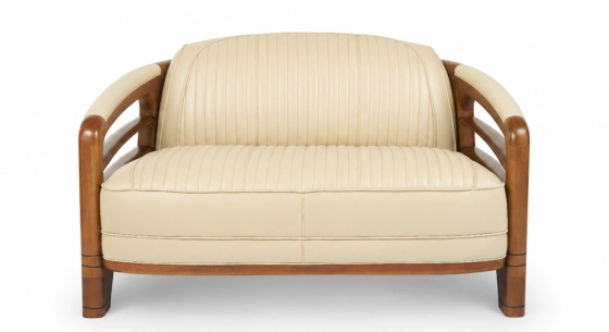 Canapé club bois et cuir 2 places beige