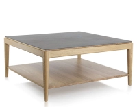 Mesa de centro cuadrada de roble y cerámica con estante en madera tinte natural tablero cerámico marrón oxidado 100x100 cm