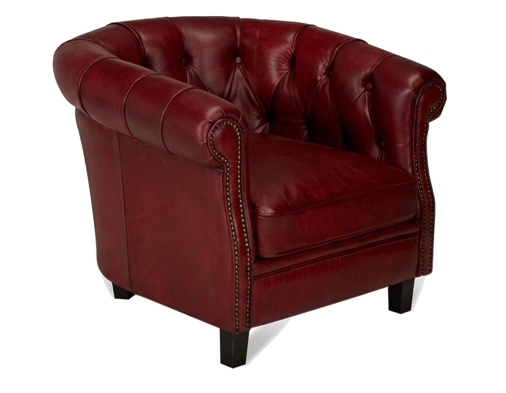 Fauteuil Chesterfield cuir rouge carmin accoudoirs cloutés