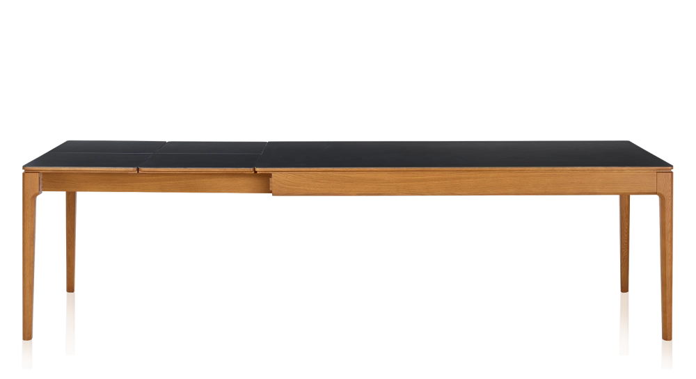Table extensible 8 à 12 personnes en chêne et céramique allonges céramique avec bois teinte merisier et plateau et allonges céramique noire unie 210x100 cm