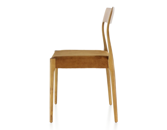 Chaise scandinave bois teinte merisier assise tissu velours bronze