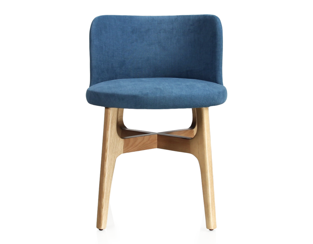 Designer chair natural tint wood, denim blue fabric seat