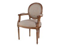 Fauteuil ancien style Louis XVI bois teinte ancienne et tissu chiné beige, gris et orange