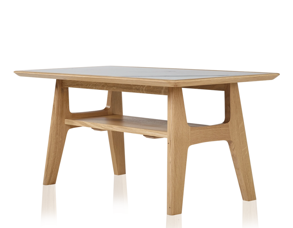 Table basse rectangulaire en chêne et céramique avec bois teinte naturelle plateau céramique effet marbre blanc 100x50 cm