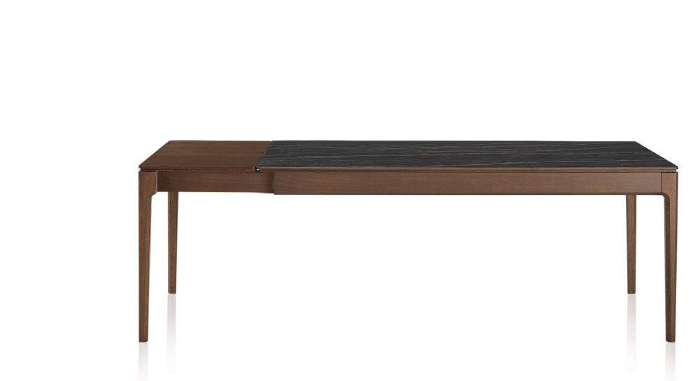 Table extensible 6 à 10 personnes en chêne et céramique allonges bois avec bois teinte marron foncé et plateau céramique effet marbre noir 140x90 cm