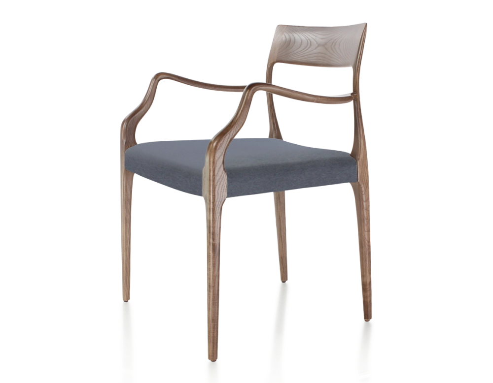 Chaise scandinave avec accoudoirs bois teinte marron foncé assise tissu gris